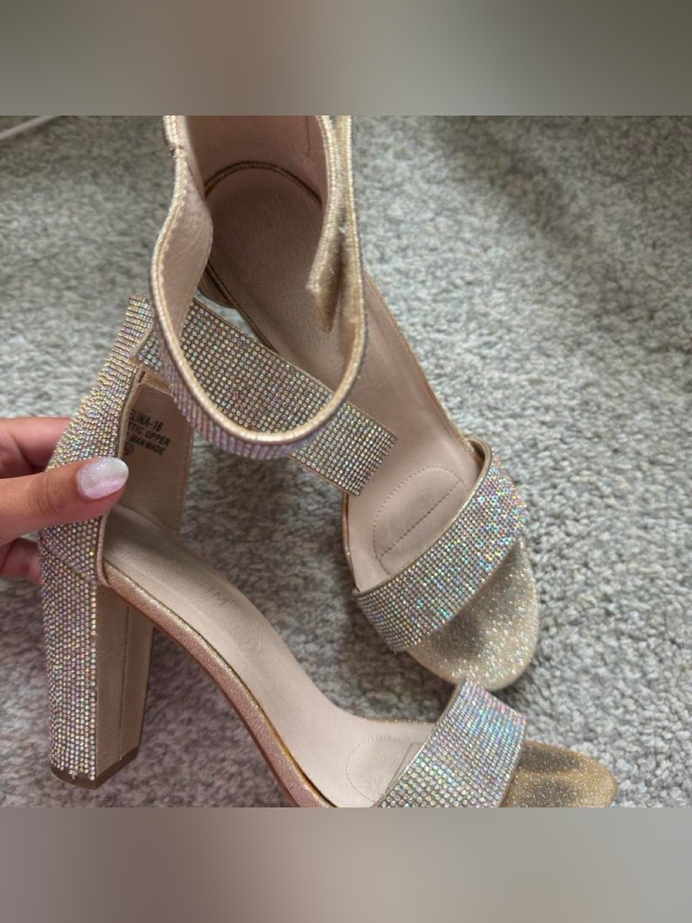 Sparkling Gold Block Heel Sandals with Rhinestone Straps
